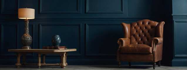 Living room ambiance with a leather armchair against an empty navy blue wall.