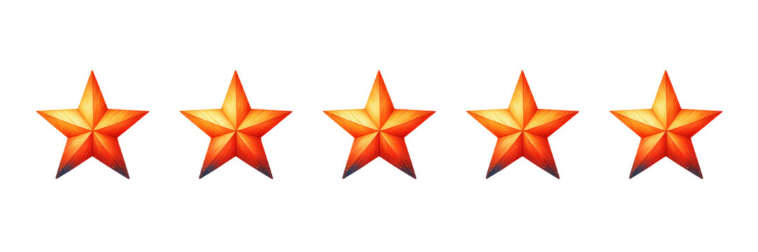 Five orange watercolor stars with 3d effect on a transparent background for ratings or reviews