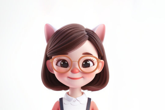 petite fille habillée avec un pull et un chemisier à col claudine, et portant des lunettes de vue, cheveux au carré avec un serre-tête aux oreilles de chat, très kawaï, personne Rendu 3D