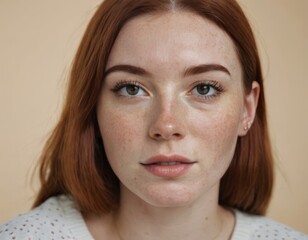 A young woman with red hair. She has a face with a lot of freckles