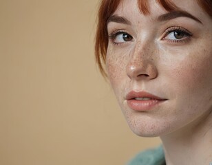 A young woman with red hair. She has a face with a lot of freckles