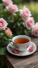 Obraz na płótnie Canvas cup of tea and flowers, ai generated
