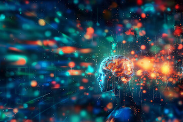 concept visuel de l'intelligence artificielle, AI, un cerveau humain utilisé et implanté dans le crâne d'un robot humanoïde avec en fond, floutées, les interconnections avec les données numériques  - obrazy, fototapety, plakaty