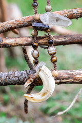 Handcraft beads from mineral and stones on a market. Handcraft precious item. Jewelry accessories.