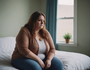 A woman is sitting on a bed and looking sad