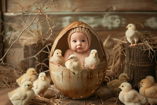 f&ecirc;tes pascales, b&eacute;b&eacute; avec un bonnet en laine sur la t&ecirc;te dans une coquille d'&oelig;uf cass&eacute;e, entour&eacute; de petits poussins jaunes dans un poulailler. P&acirc;ques humoristique, 