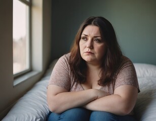 A woman is sitting on a bed and looking sad