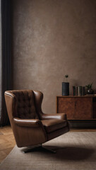 Living room ambiance with a leather armchair against an empty taupe wall.