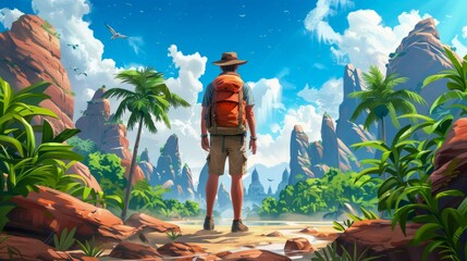 Adventurous Explorer in Mythical Jungle Facing Majestic Mountain Range Under Clear Sky