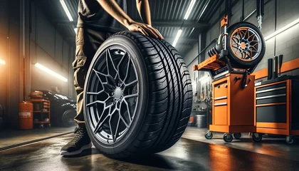 Fotobehang Auto technician holding high-performance car tire in a well-equipped workshop © PhotoPhantom