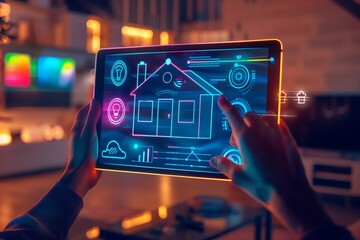 Futuristic smart home control interface on tablet held by user with interactive house schematic
