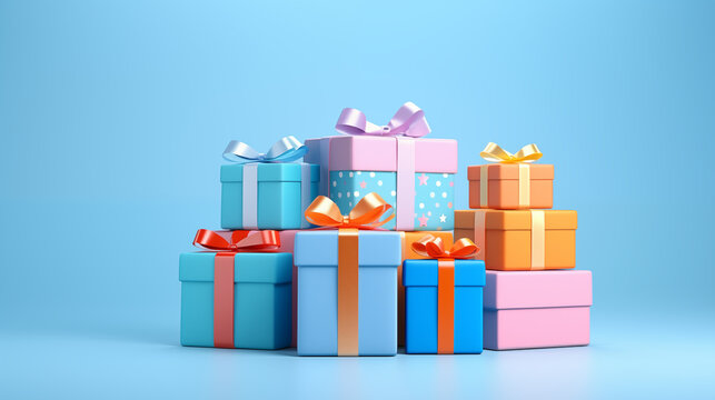 Colorful gifts adorned with ribbons and bows arranged on a blue background.