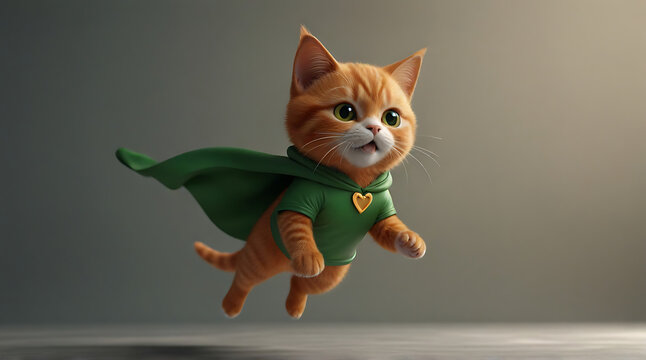 A superhero cat, Cute orange kitty with a green cloak and mask jumping and flying on isolated background with copy space. 3d Rendered model character, fluffy