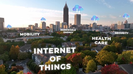 Smart City, Internet of Things, Health Care, Mobility, Renewable Energy, and Security text above...