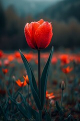 Beautiful red tulip on the field, selective focus