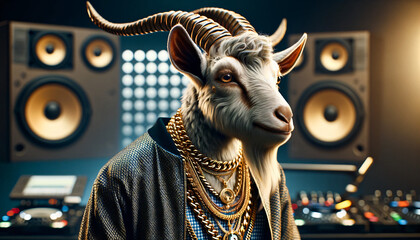 Funky goat as DJ in the nightclub - obrazy, fototapety, plakaty