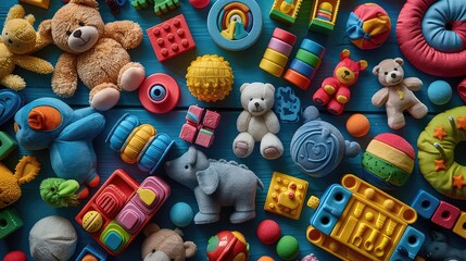 Fototapeta na wymiar Collection of toys, blocks, teddy bears