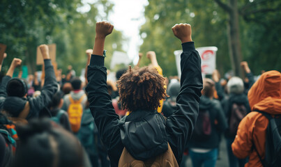 A crowd of people are holding up their fists in the air. Concept of unity and support - obrazy, fototapety, plakaty