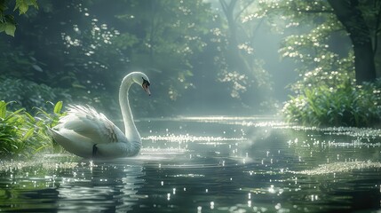 Swan sitting in a stream with natural background