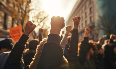 A crowd of people are holding up their fists in the air. Concept of unity and victory - obrazy, fototapety, plakaty