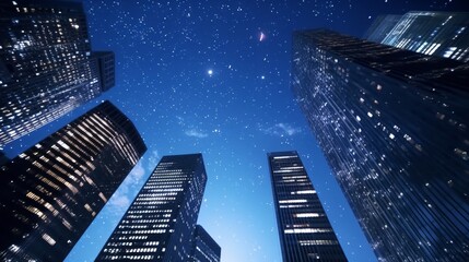 Urban Skyscrapers at Night With Starry Sky