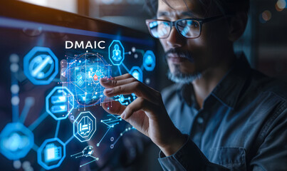 A business professional presents a holographic display showcasing DMAIC (Define, Measure, Analyze, Improve, Control) quality management concepts, process improvement methodologies data-driven decision