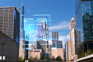 Double exposure of Chicago's skyline with a hologram overlay, glass buildings, and a clear sky. Technology and urban concept. Double exposure