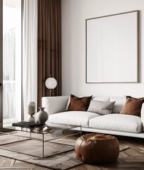 Modern Living Room with White Couch and Brown Accents Generative AI