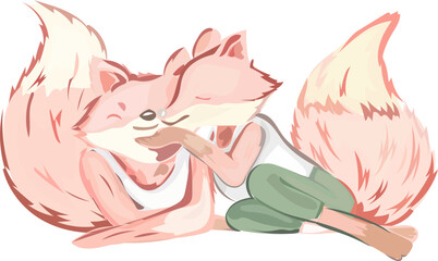 Cute couple fox illustration on transparent background.