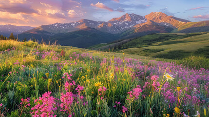 Obraz premium Wildflower meadow with mountain panorama during golden hour, pristine nature landscape. Wilderness and tranquility concept for design and print. Wide view with vibrant wildflowers and alpine glow