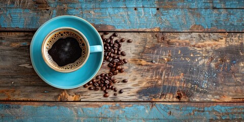 Cozy Morning with Black Coffee on Wooden Table - obrazy, fototapety, plakaty