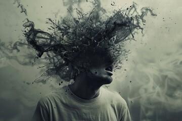 Plakaty  Surreal imagery depicting a person's head exploding into fragments, symbolizing psychological turmoil