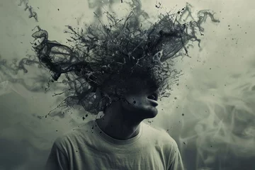 Zelfklevend Fotobehang Surreal imagery depicting a person's head exploding into fragments, symbolizing psychological turmoil © Minerva Studio