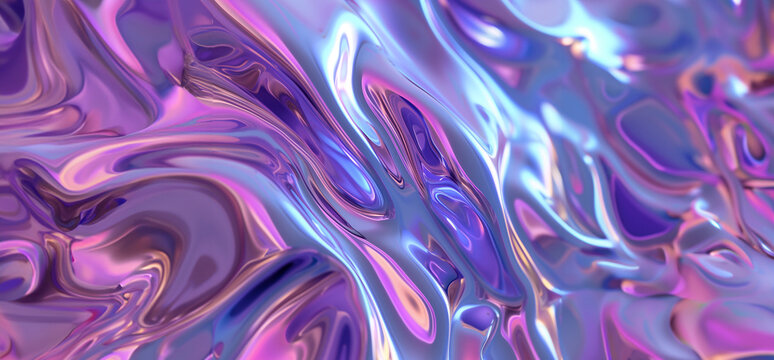 métal liquide iridescent, avec des tons rose, bleu et violet. Liquide avec des ondulations, motif abstrait coloré. Espace négatif copy space.