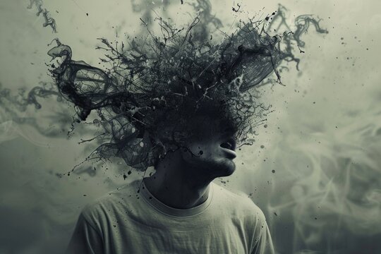 Surreal imagery depicting a person's head exploding into fragments, symbolizing psychological turmoil