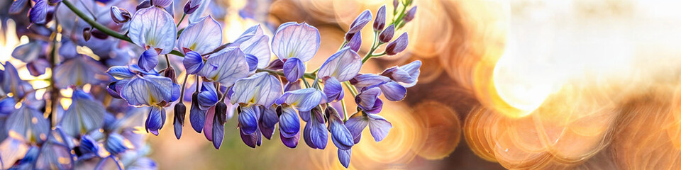 Sunlit Wisteria Whispers, Ethereal Purple Blossoms in Soft Focus, Banner, Copy Space, Decor, Background for Greeting Cards, Invitations, and Spring Festival Posters, Wedding, Mothers day, Birthday