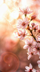 Blossoming Cherry Branch Against Golden Sunset, Background for Greeting Cards, Invitations, and Spring Festival Posters, Wedding, Mothers day, Birthday