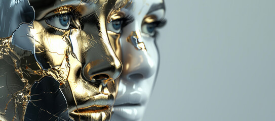 Two faces with gold and silver paint on them. One face is broken and the other is whole. lady with partially metallic and normal skin looking to the camera in an Abstract shape - obrazy, fototapety, plakaty