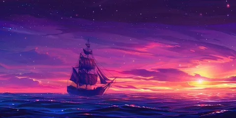Crédence de cuisine en verre imprimé Violet Ghostly Shipwreck: Eerie Light Illuminates Hauntingly Beautiful Scene of Abandoned Vessel Drifting at Sea ? Vector Illustration