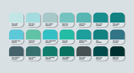 Teal Color Guide Palette with Color Names. Catalog Samples Teal with RGB HEX codes and Names. Metal Colors Palette Vector, Wood and Plastic Teal Color Palette, Fashion Trend Teal Color Palette vector