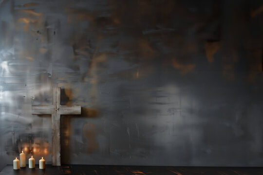 croix chr&eacute;tienne en bois, sur un autel, avec 4 cierges qui br&ucirc;lent allum&eacute;s, sur un fond marron et noir d&eacute;grad&eacute; et textur&eacute; avec espace n&eacute;gatif copy space. Religion chr&eacute;tienne, catholique, p&acirc;ques, No&euml;l,