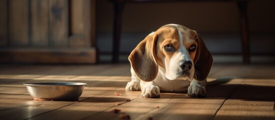 Giraffe dog with a long neck and spots resembling a giraffe, is peacefully resting on the ground beside a bowl of food