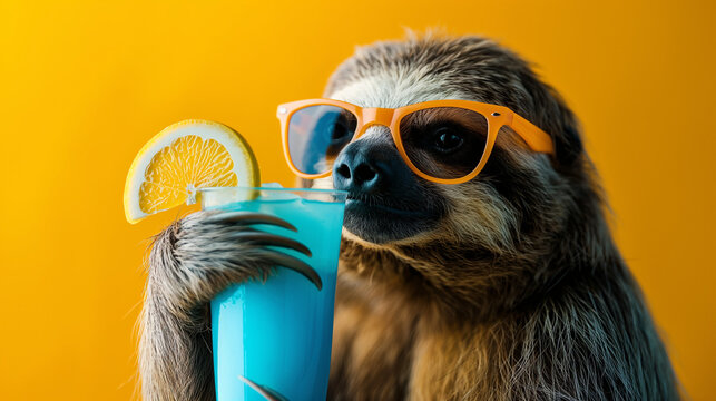 Mentales Gleichgewicht finden und ausgeglichen sein chillen und den Feierabend genie&szlig;en in form von lustigen Tieren Schildkr&ouml;te, mit Sonnenbrille Katze Fisch Faultier mit Cocktail Generative AI