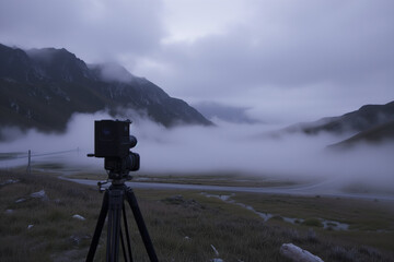 A camera on a tripod is facing a foggy landscape with mountains in the background. The sky is dark and filled with clouds.