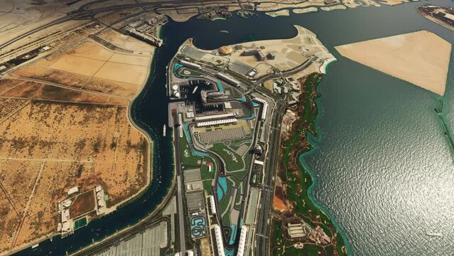 Top aerial shot of the Yas Marina circuit in Abu Dhabi. United Arab Emirates