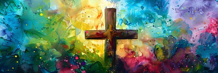 Colorful Cross A Vibrant Painting of Religious Symbolism Generative AI