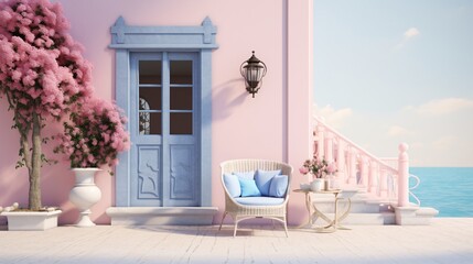 a chair and table outside of a pink building