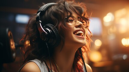 Woman Singing Into Microphone With Headphones
