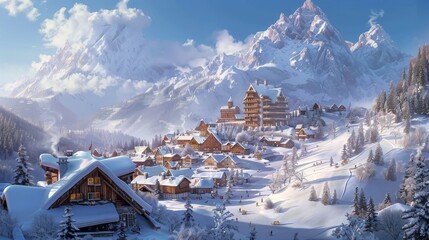 Winter Wonderland Ski Resort - obrazy, fototapety, plakaty