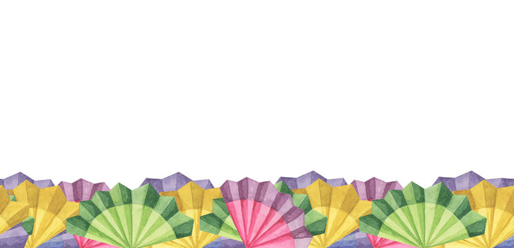 Seamless border of Mexican paper fans hand drawn set in watercolor. Colorful Cinco de Mayo design with fiesta flowers isolated on white background. Clip arts for printing, cards, banners, packaging